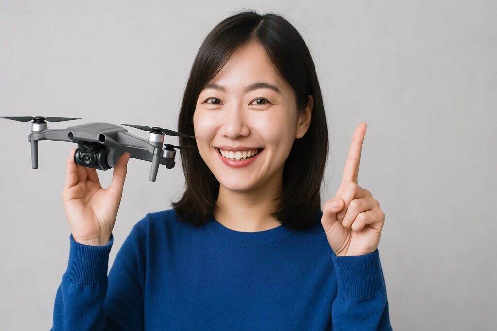 ドローンを持って人差し指を立てる笑顔の女性