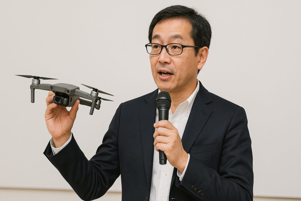 ドローンを持って講演する講師