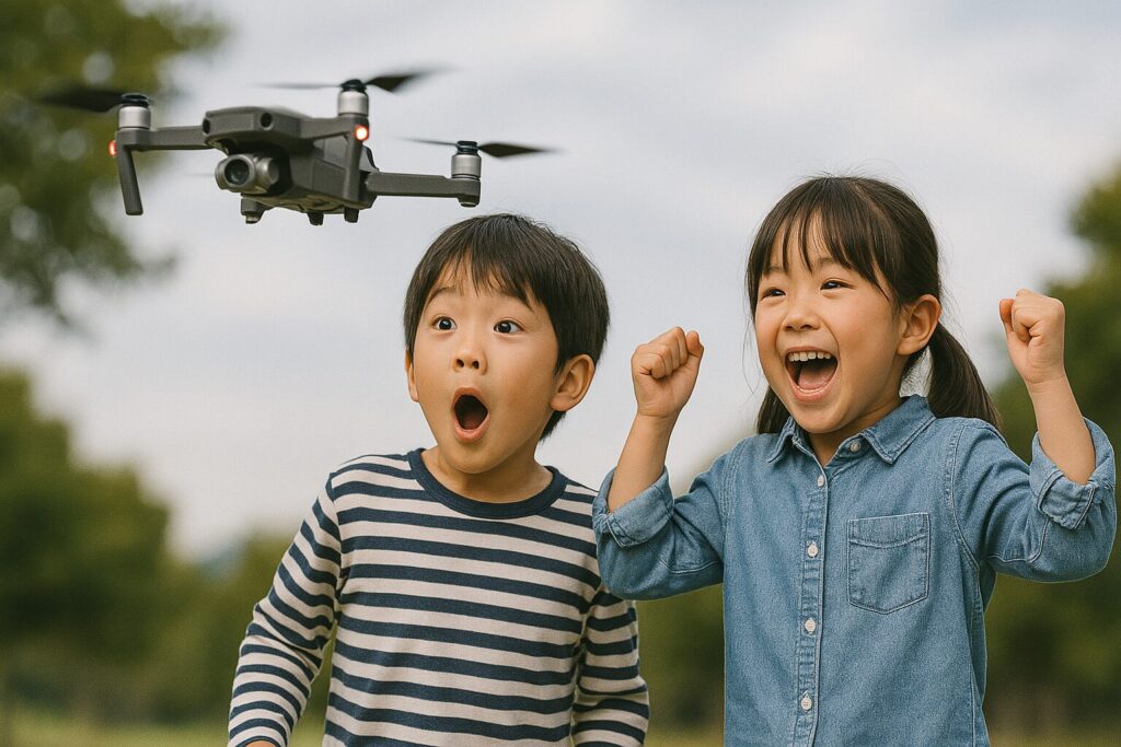 ドローンに興奮する2人の子供