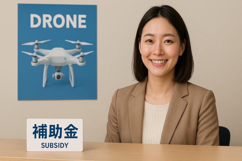 「補助金」の受け付けカウンターでほほ笑む女性
