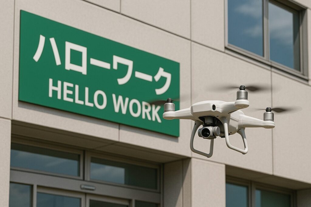 ハローワークの建物の前を飛行するドローン