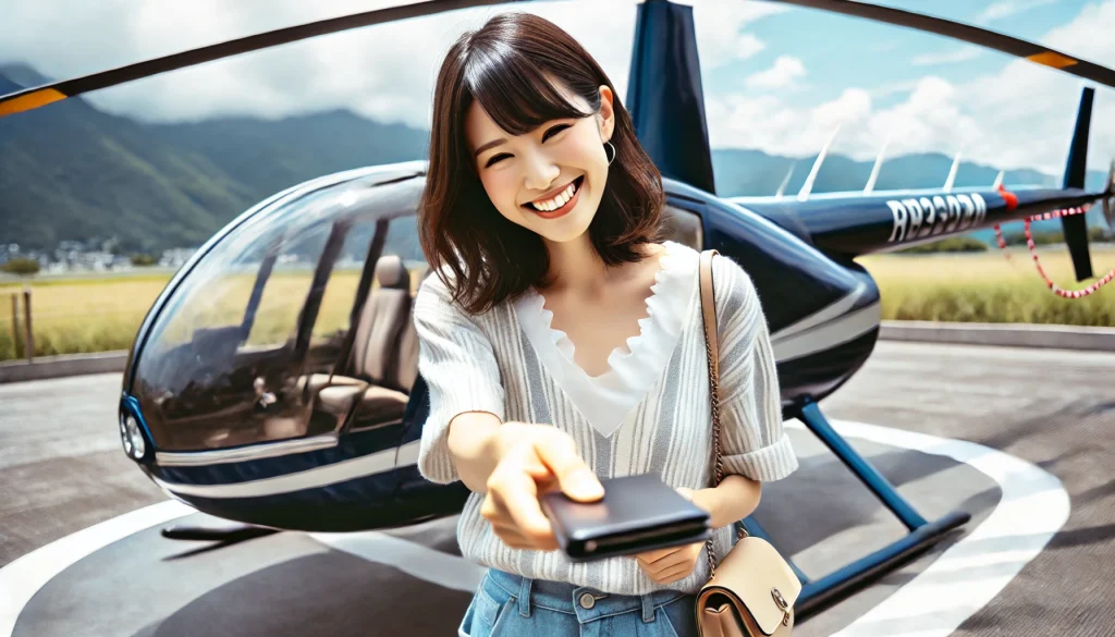 ヘリコプターの前で笑顔で料金を支払う女性