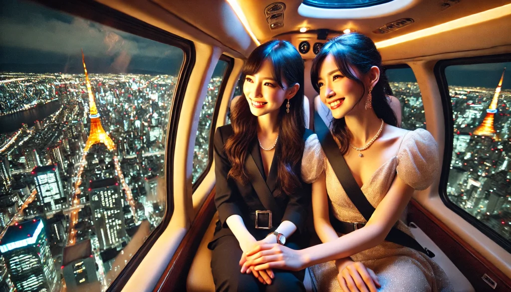 ヘリコプターの中で、夜景を楽しむ2人の日本人女性