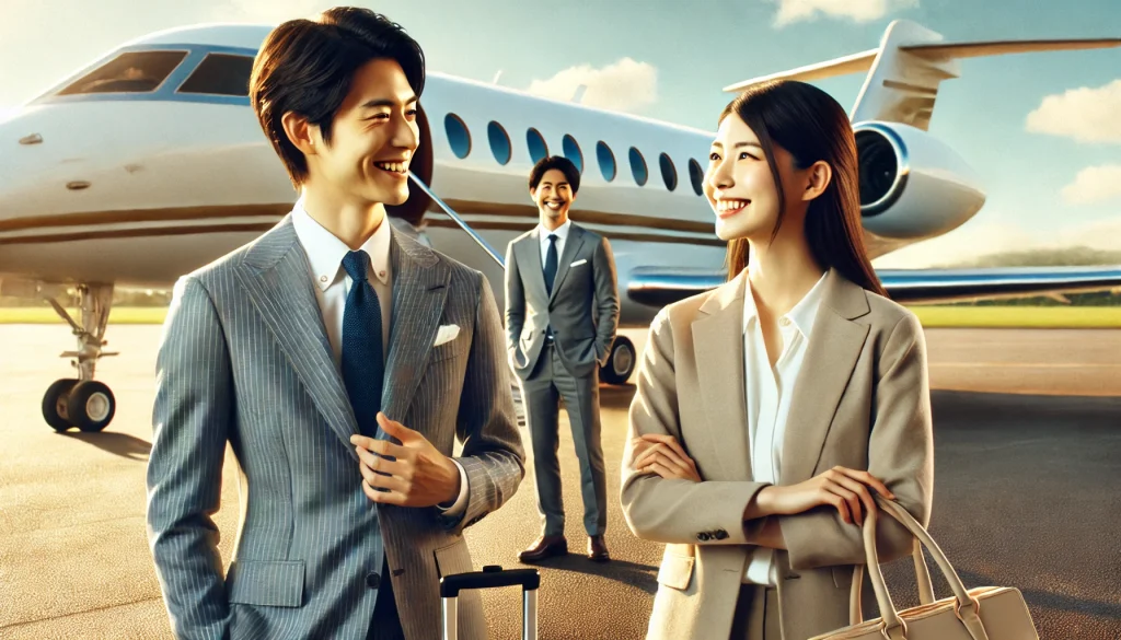 旅客機を降りて、笑顔で語り合う日本人男女