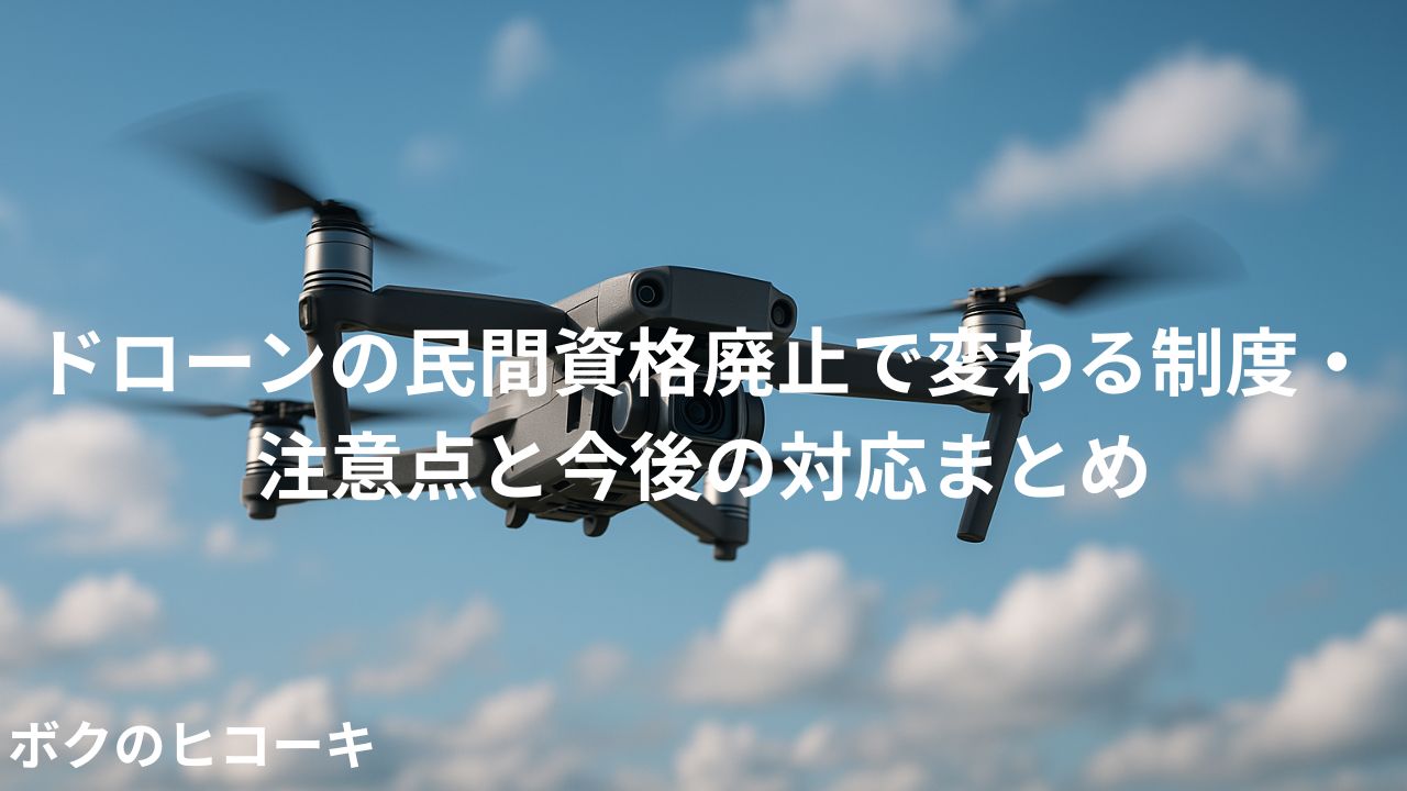 飛行中のドローンとタイトル文字