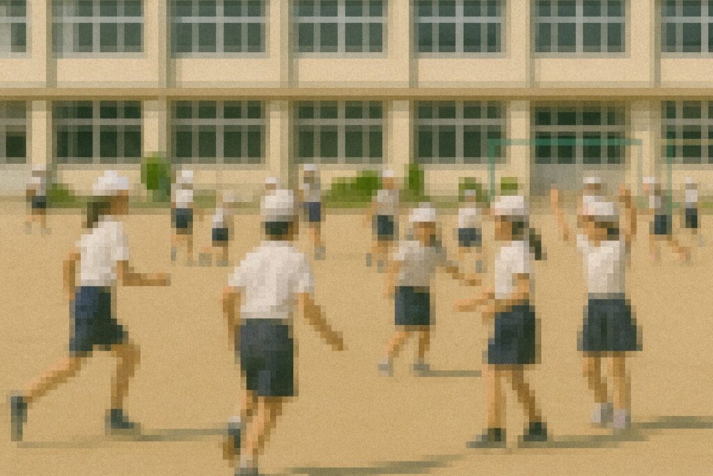 小学校の校庭で遊ぶ子供たちにモザイクがかかっている