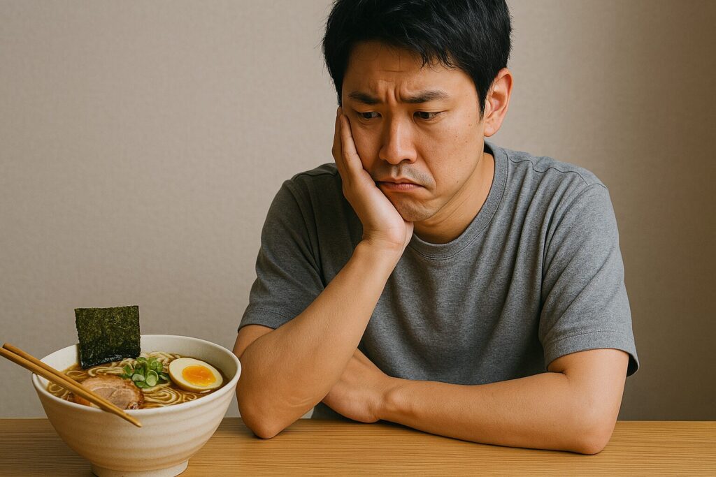 テーブルのラーメンを見ながら悩む日本人男性