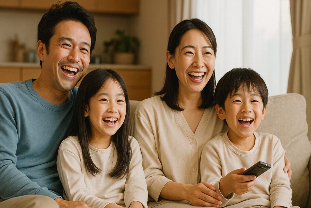 楽しそうにテレビを見る日本人家族