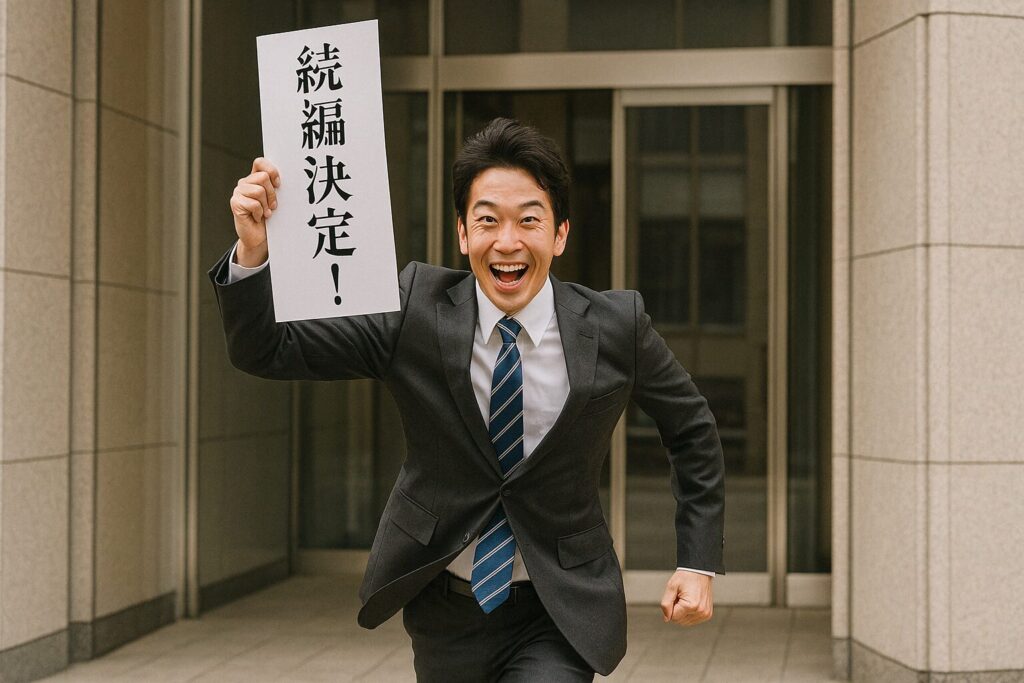 「続編決定！」と縦書きされた紙をかかげて建物から走って出てくるスーツの男性