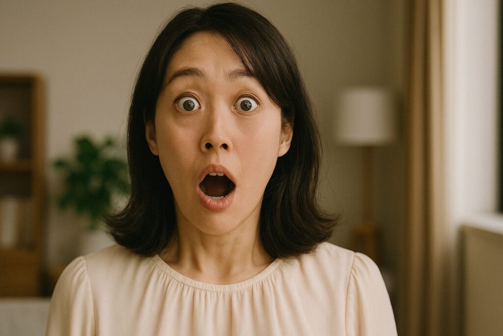 目を見開いて驚く日本人女性