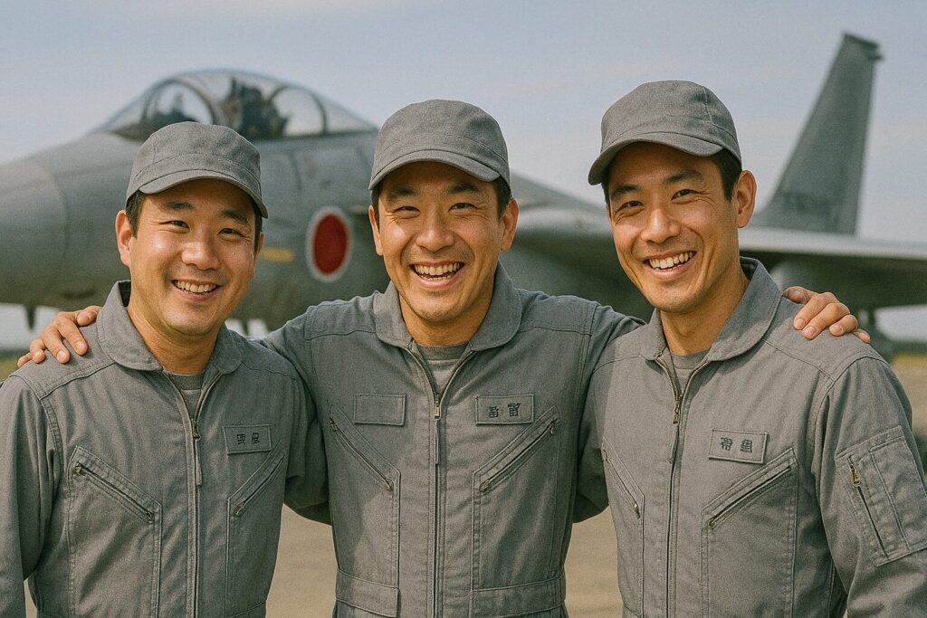 航空機を背景に笑顔で肩を組む3人の航空自衛隊員