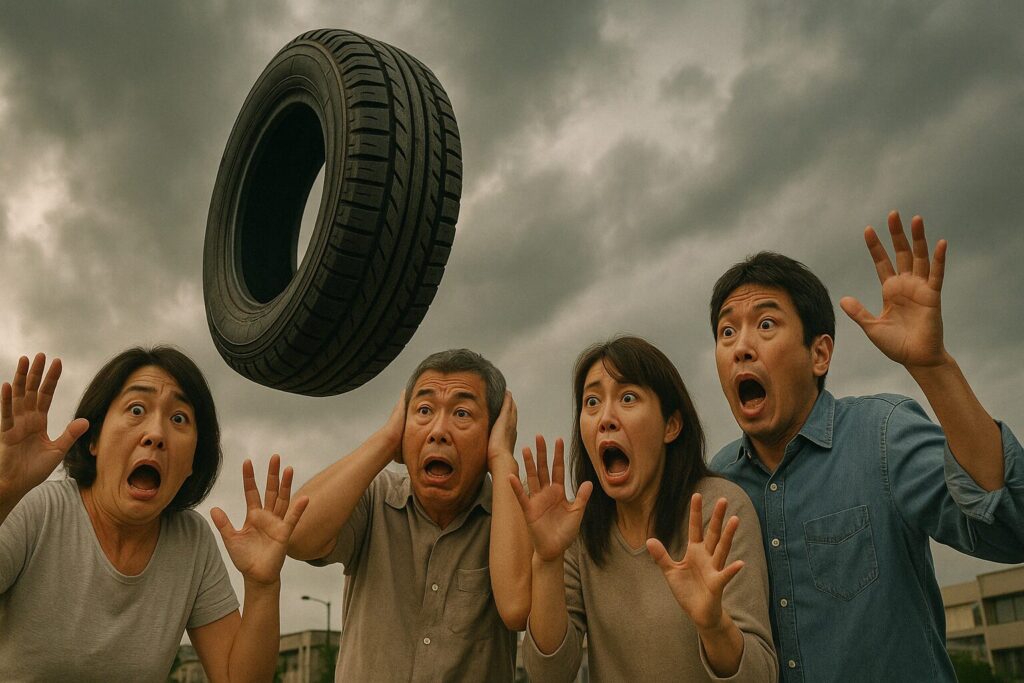 空から襲ってくる1個のタイヤに恐怖する人々