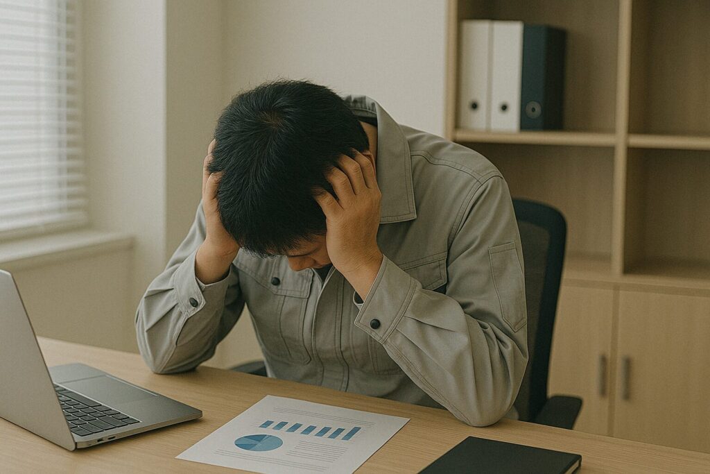 デスクで頭を抱えて絶望する社長