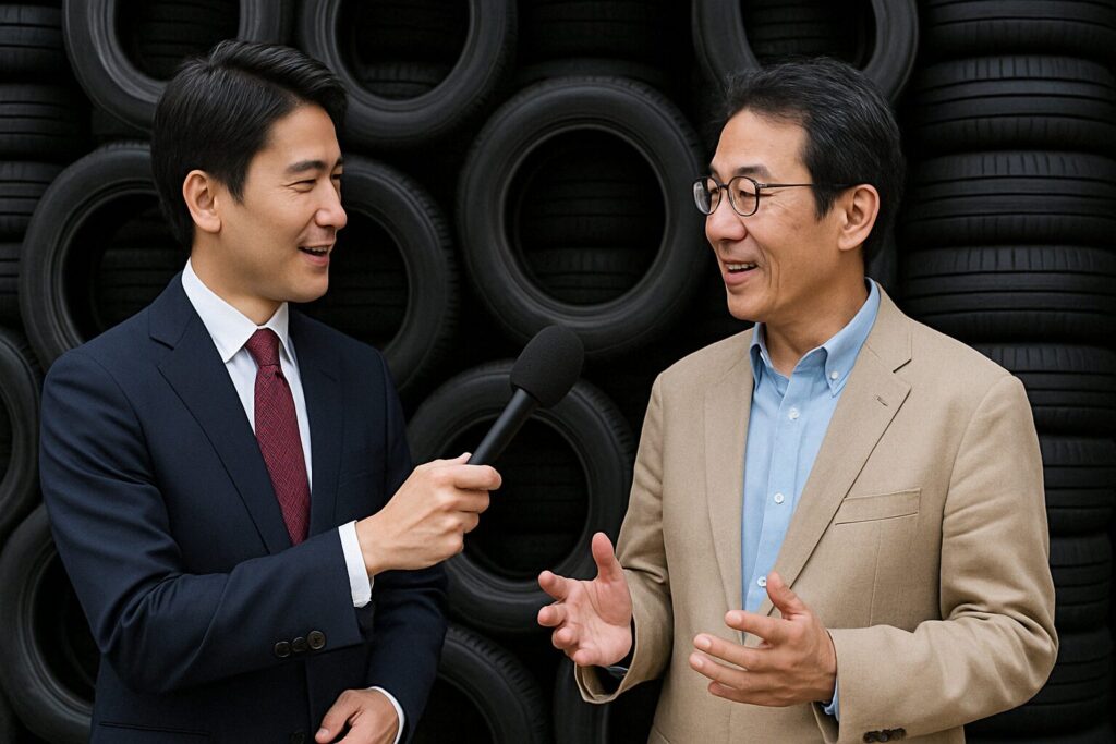 タイヤを背景に会話をするアナウンサーとコメンテーター