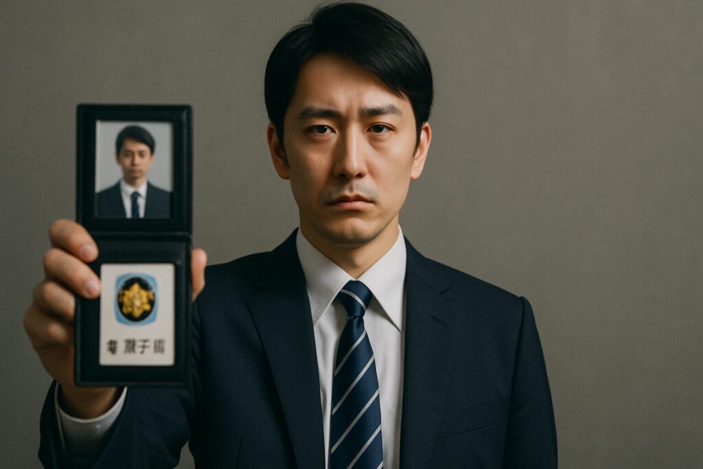 無表情で警察手帳を見せる日本人刑事