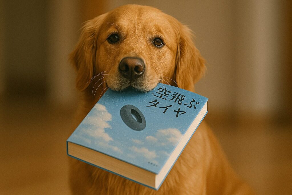 タイトルに『空飛ぶタイヤ』と書かれた本を口にくわえたレトリバー