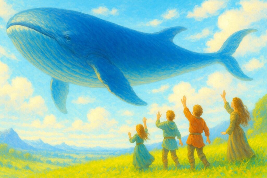 空を飛ぶ巨大な鯨に手を振る人々
ファンタジー風