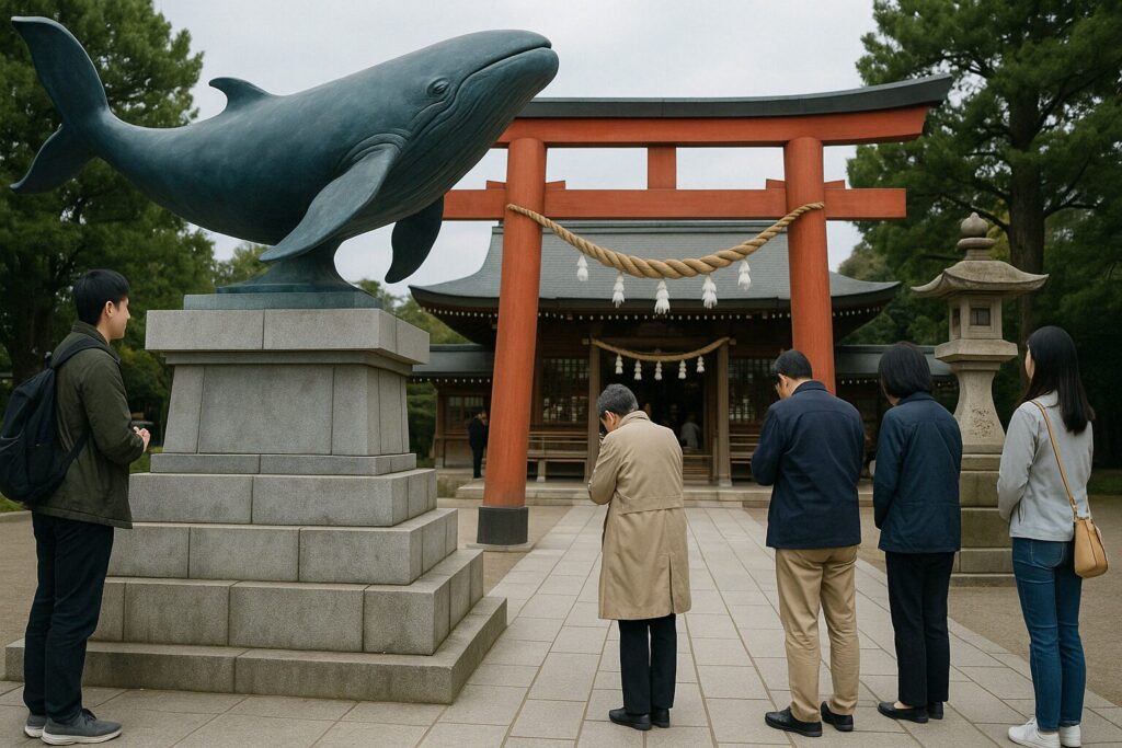 鯨を祀る神社に参拝する人々