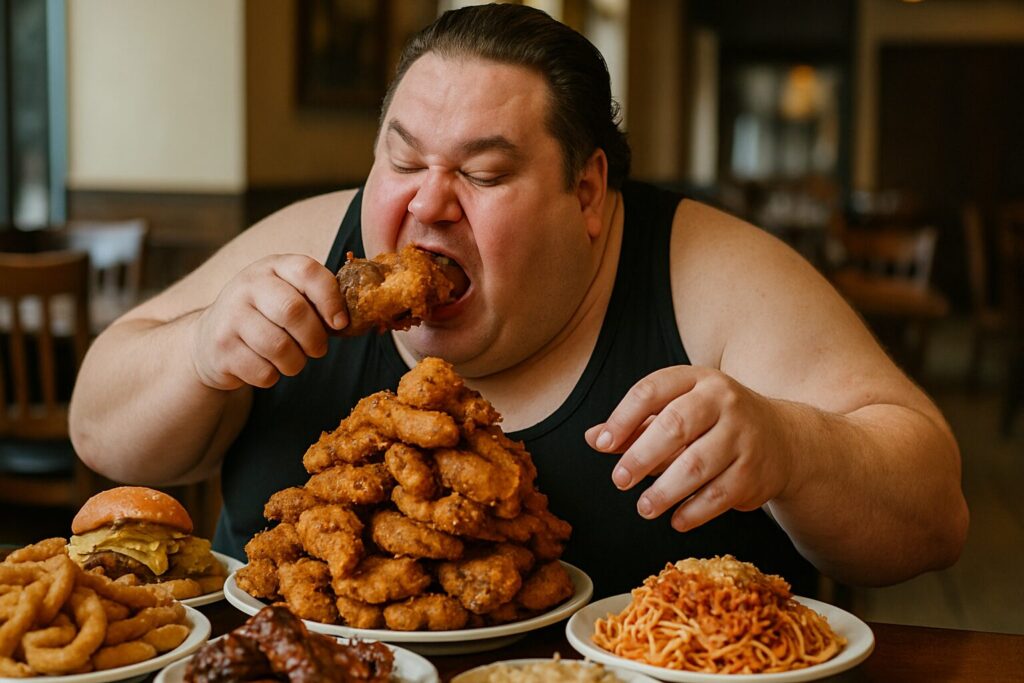 テーブルに積み上げられた料理を貪り食う巨漢の男性
