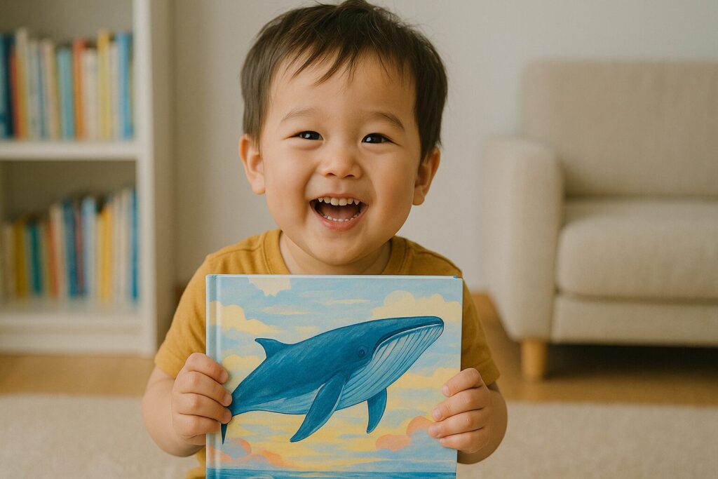 表紙が鯨の絵本を持つ笑顔の幼児