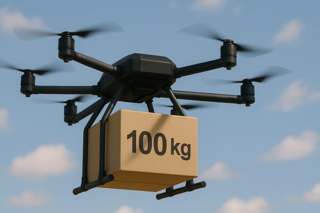 100kgと書いてある荷物を運ぶ黒いドローン
