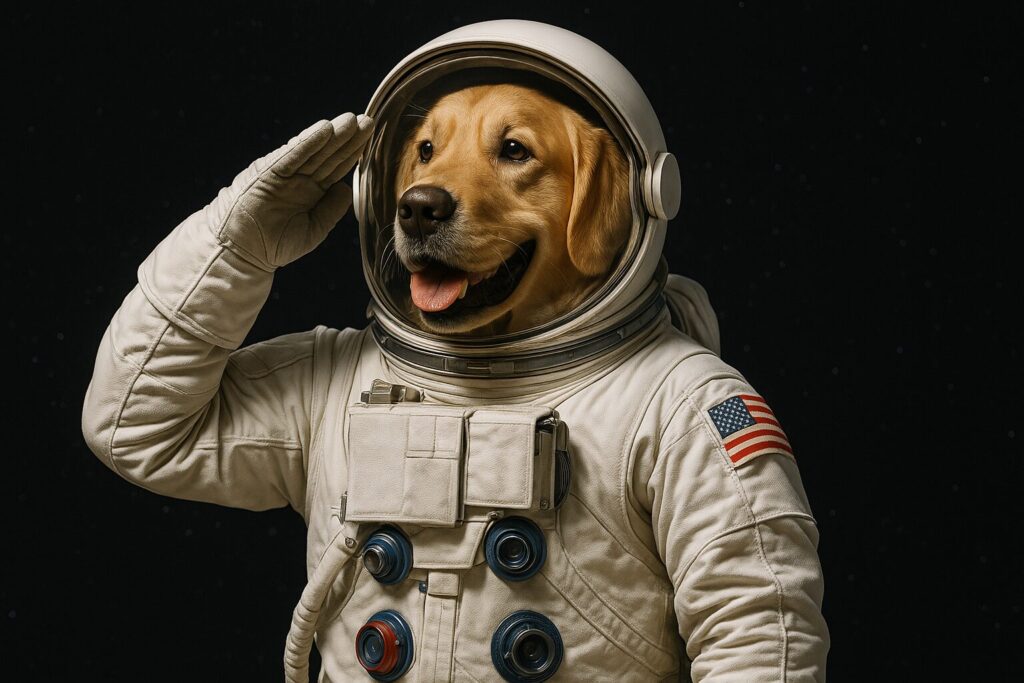 敬礼するレトリバーの宇宙飛行士