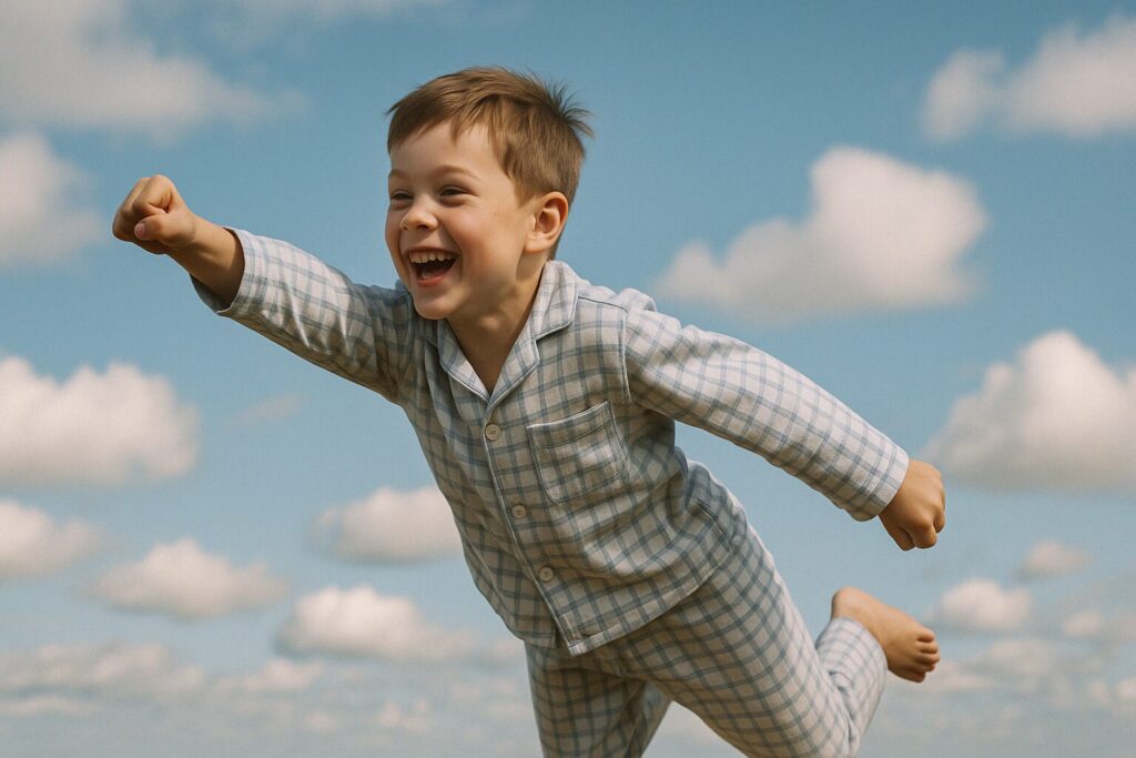 パジャマで空を飛ぶ笑顔の少年