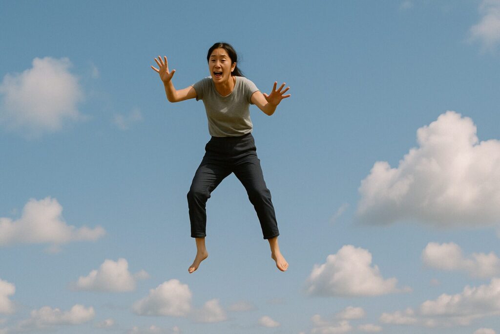 上手く飛べなくて空中で焦る日本人女性