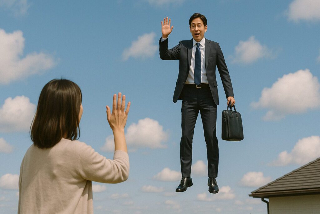 奥さんに見送られて空中に浮かび上がるサラリーマン