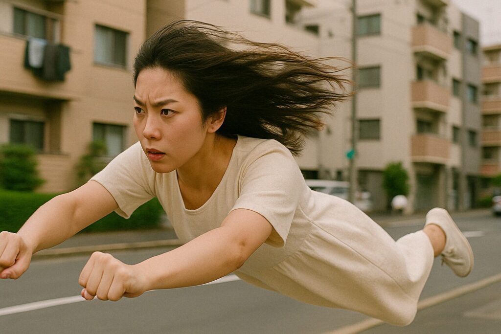 髪をなびかせて高速で飛行する日本の若い女性