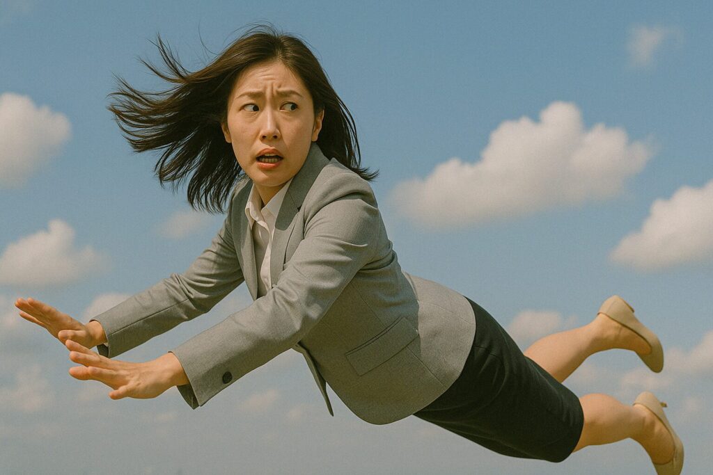 後ろを振り返りながら空を飛んで逃げているOL