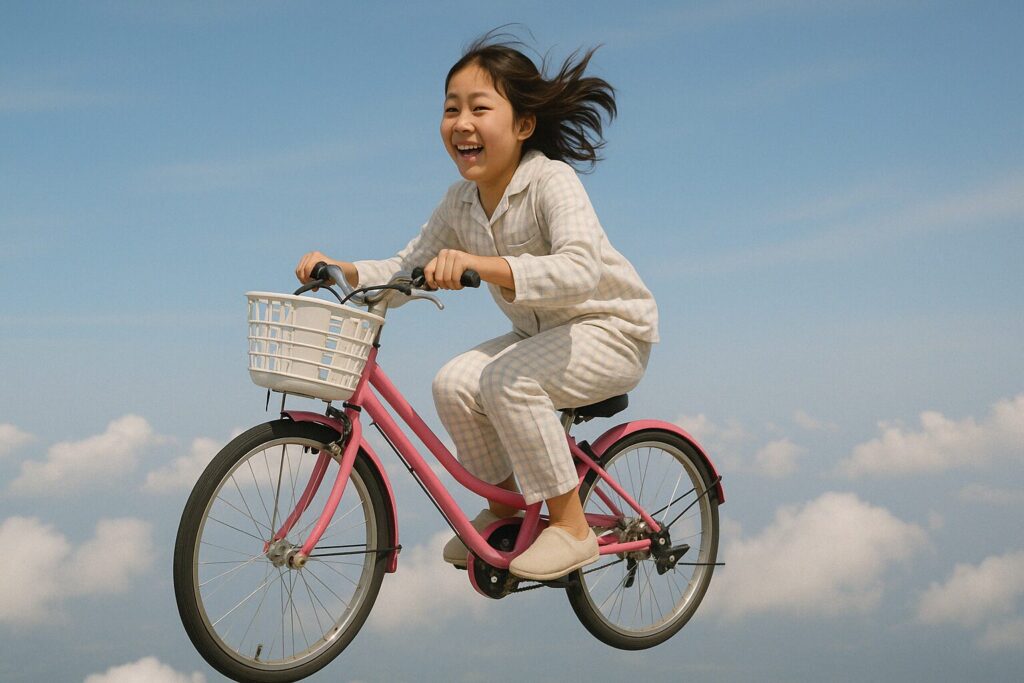 自転車で空を飛ぶパジャマを着た笑顔の日本人少女