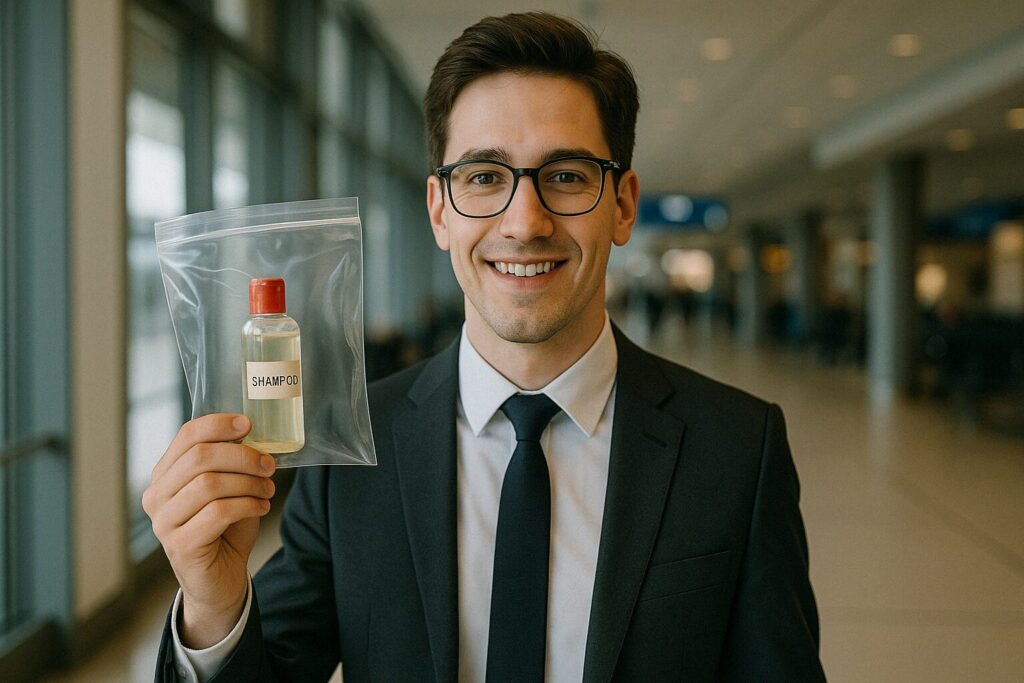 小さなシャンプーの容器が入った透明なプラスチック袋を持って微笑む若いビジネスマン