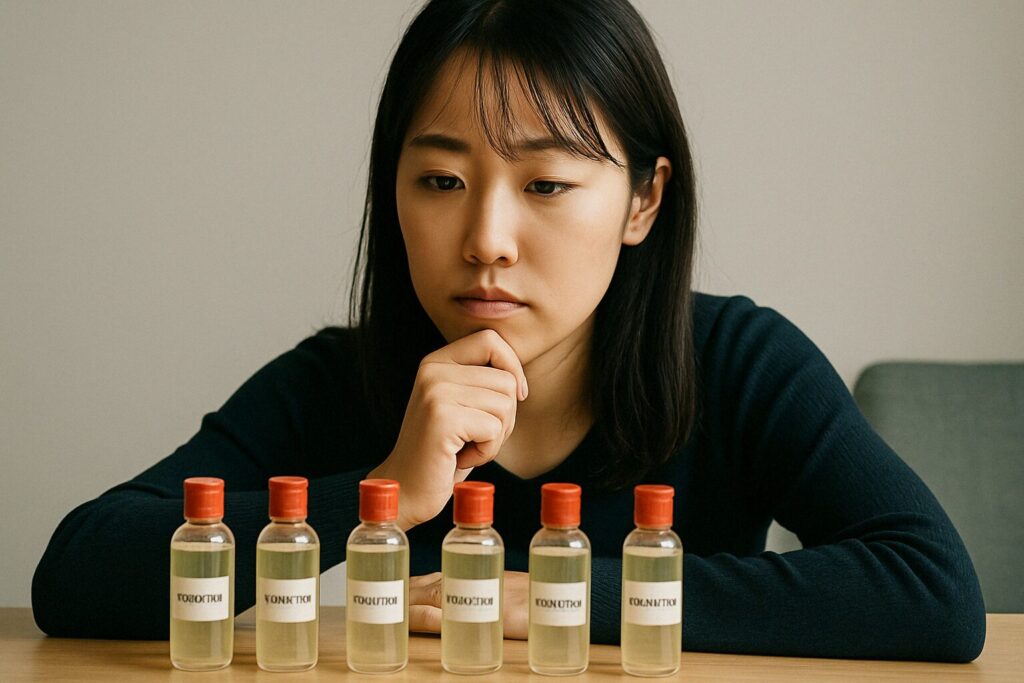 テーブルに並んだ小さなシャンプーの容器を見ながらあごに手を当てて考える若い日本人女性