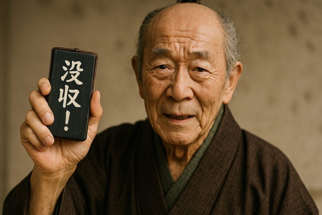 「没収!」と書かれた印籠を見せる江戸時代のご老人