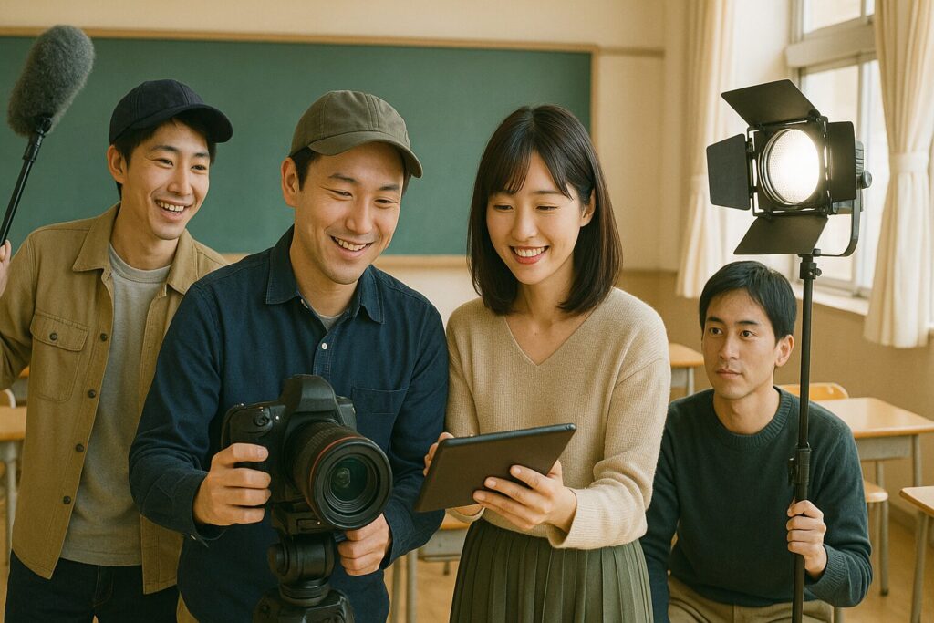 学校の教室で撮影する製作スタッフたち