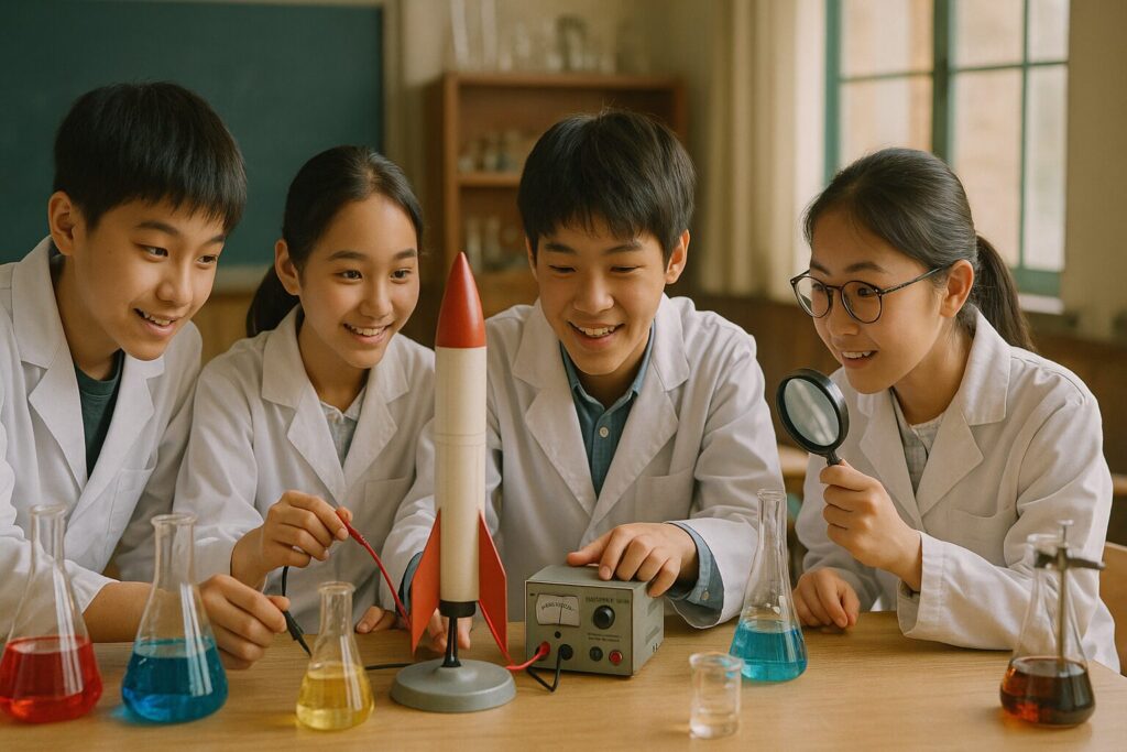 楽しそうにロケットの実験をする科学部の生徒たち