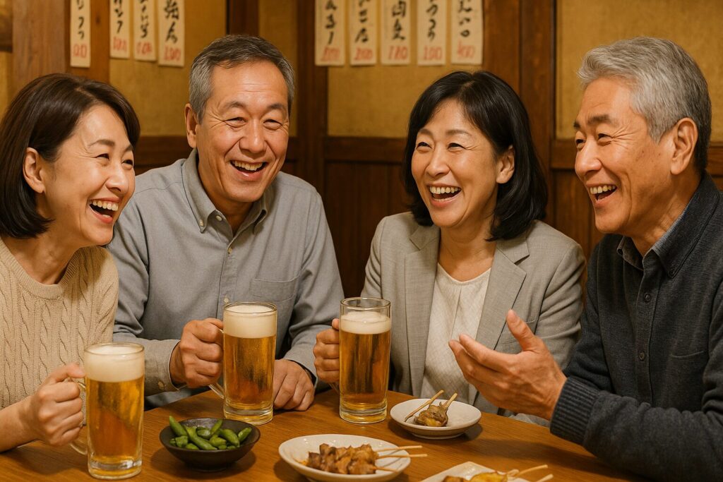 居酒屋での同窓会で語り合う笑顔の日本人中高年男女