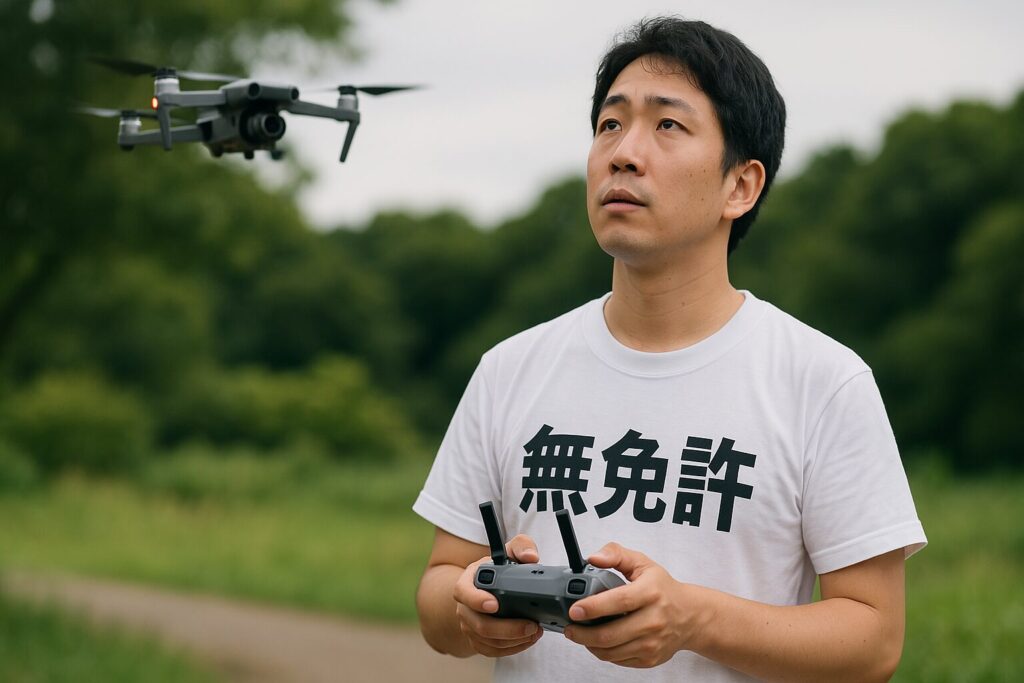 「無免許」とプリントされたTシャツを着て、ドローンを操縦する日本人男性