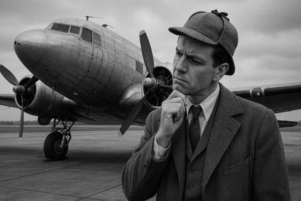 駐機中の昔の飛行機を観察しながら、首をかしげる探偵