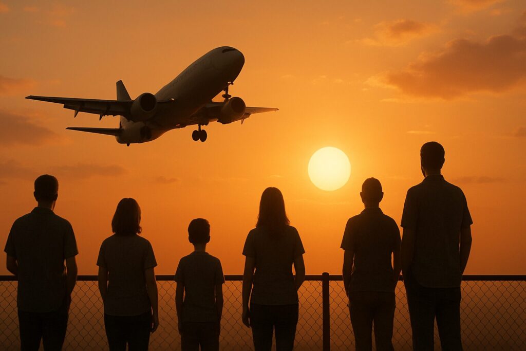 夕日に向かって飛んで行く旅客機を見送る人々の後ろ姿