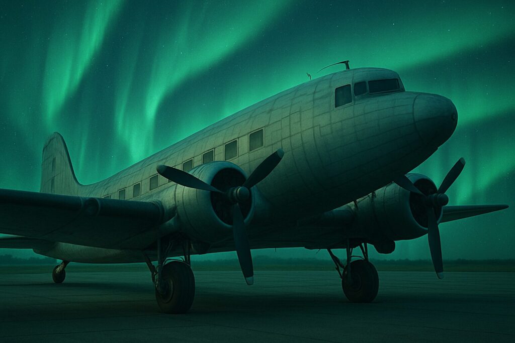 オーロラを背景に駐機中の古い旅客機