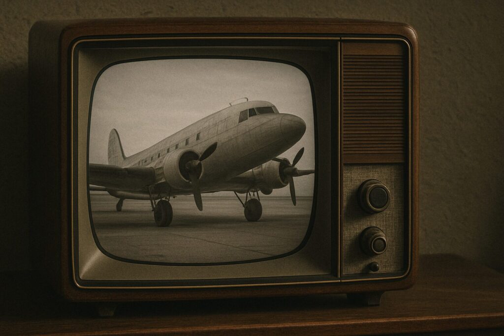 古い旅客機を写す古いブラウン管テレビ