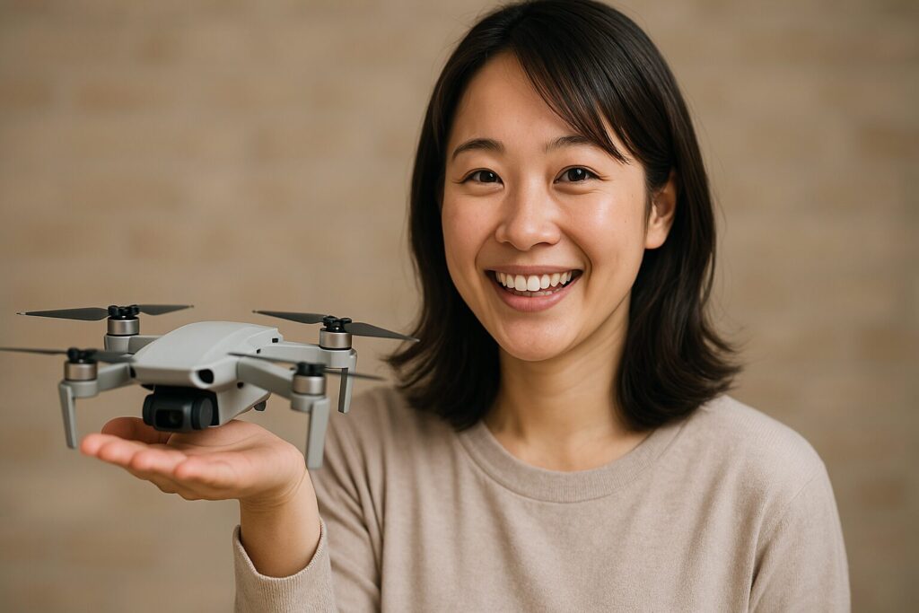 手のひらにドローンを乗せている、笑顔の日本人女性