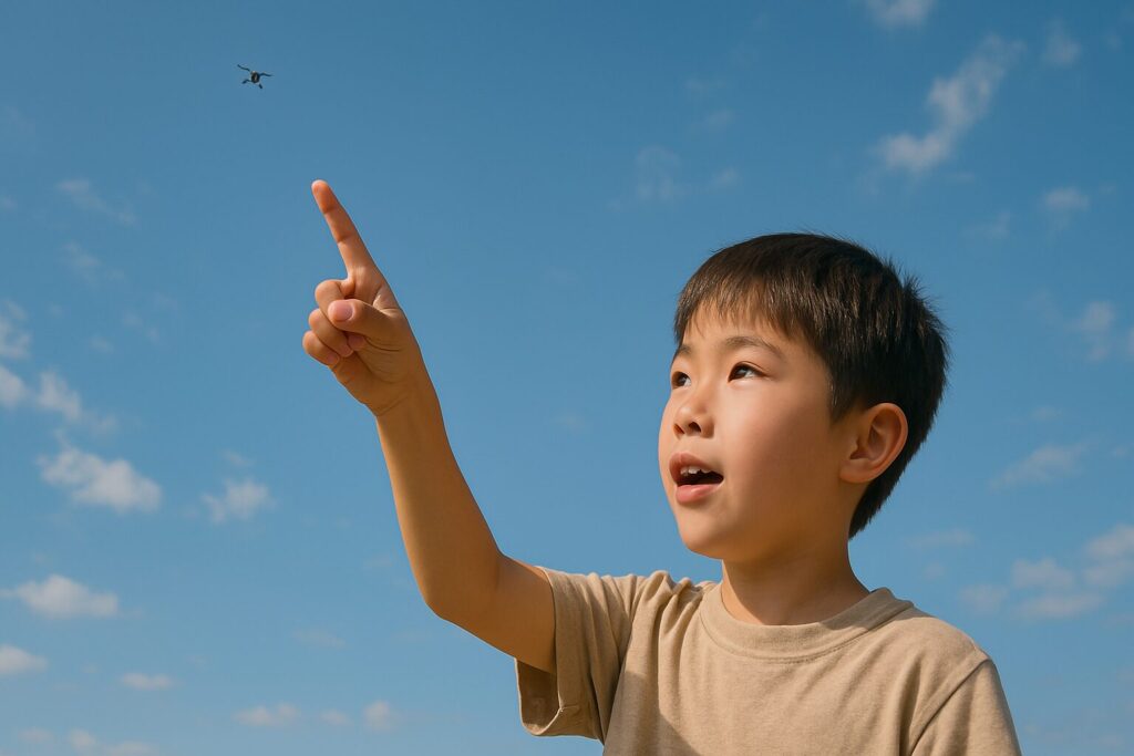 空高く飛行するドローンを指さす日本の子供