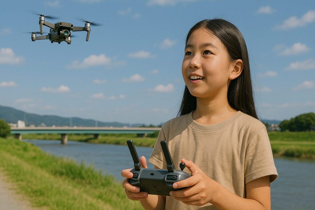 河川敷でドローンを操縦する日本の少女