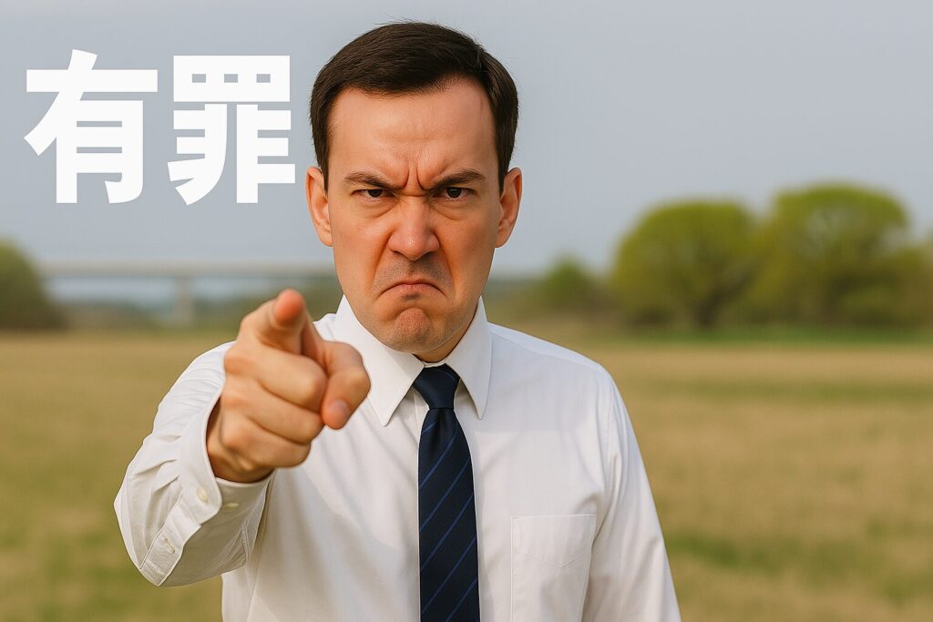 怒った顔でこちらを指さすネクタイの男性
「有罪」のタイトル文字