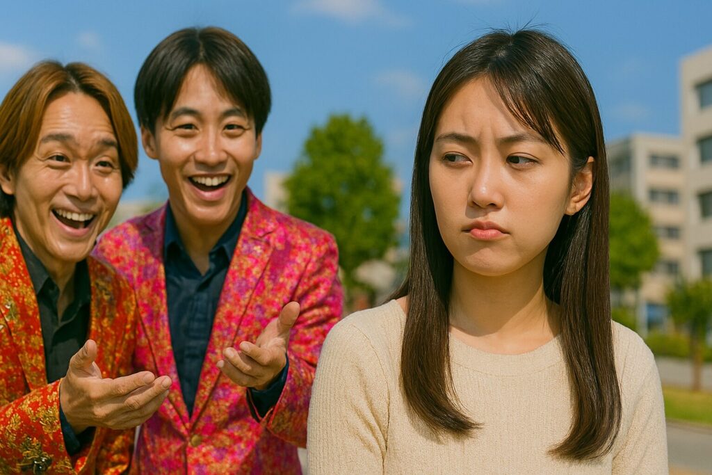 笑顔で話しかけるホスト達を無視する日本人女性
