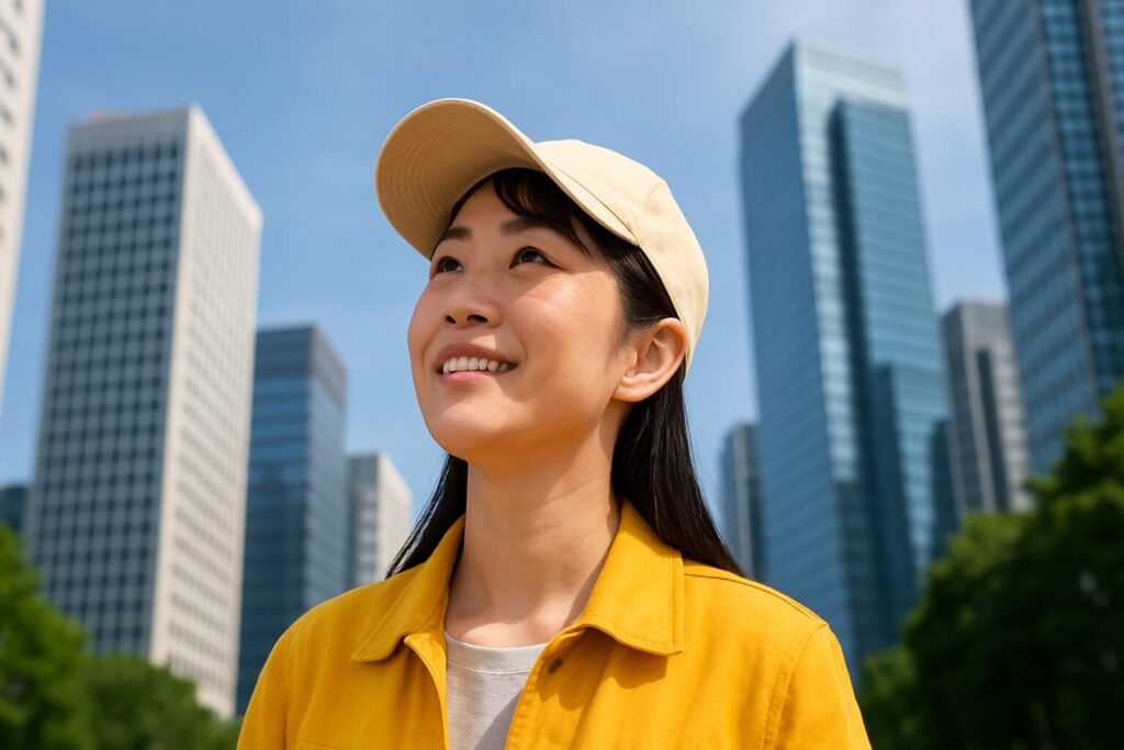 高層ビル街で空を見上げるキャップをかぶった日本の女性