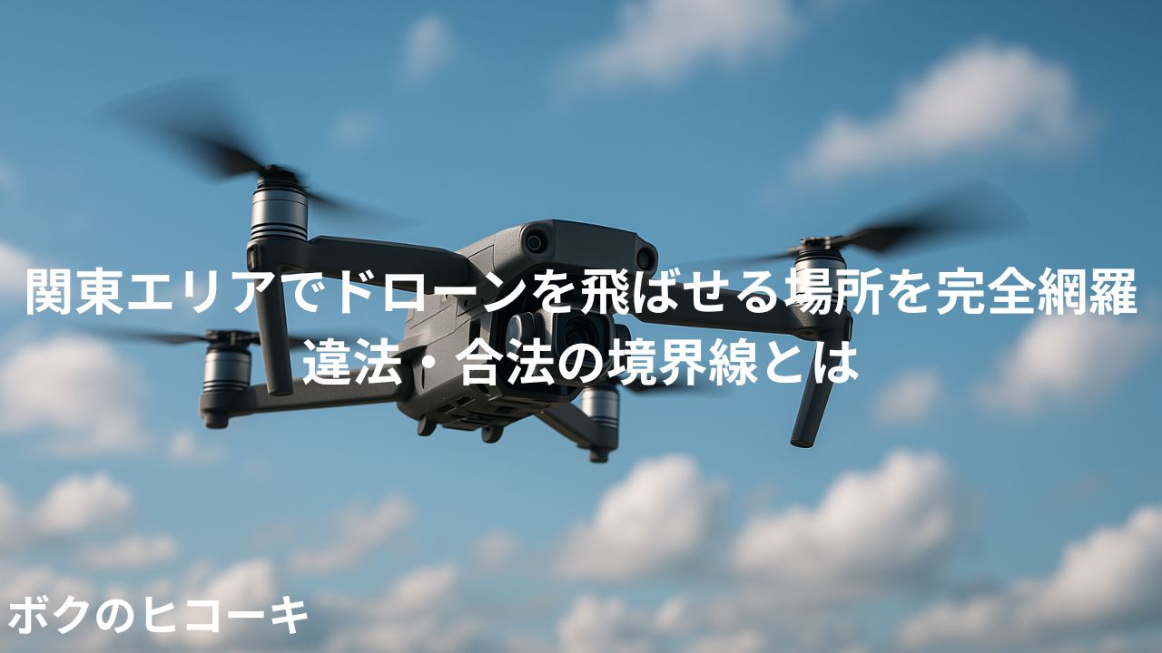 飛行中のドローンとタイトル文字